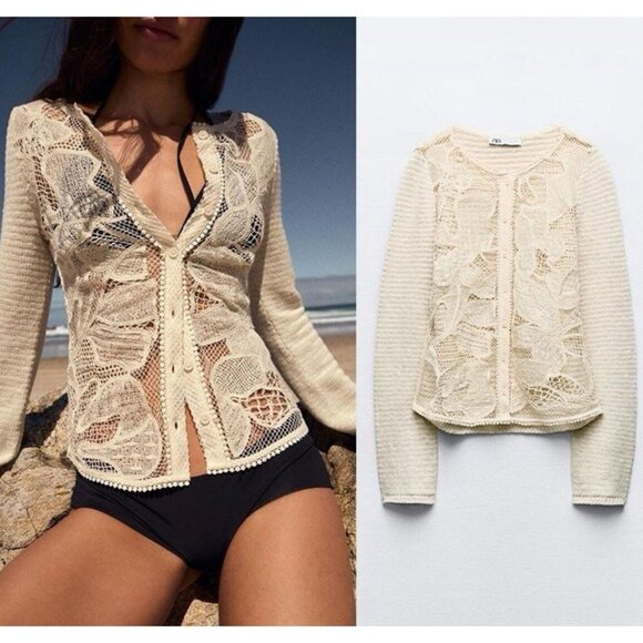 Zara Ecru Openwork Contrast Knit Cardigan Size M Cream - Picture 1 of 9
